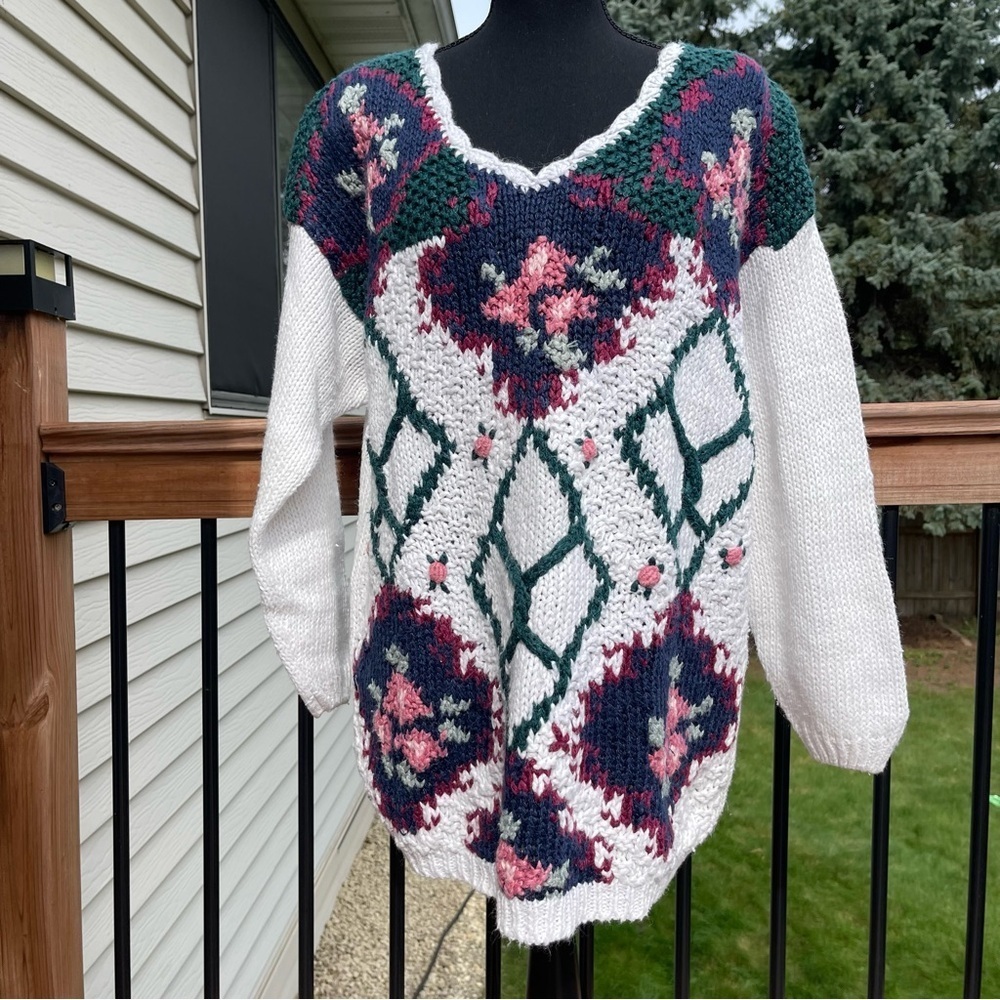 Vtg Shenanigans Sz Medium Hand Knitted Floral Sweater Cottage Grandma 80s 90s